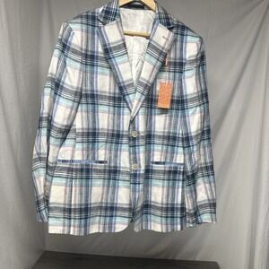 TALLIA Men's Blue Multicolor Plaid Linen Blend Sport‎ Coat Blazer White Plaid